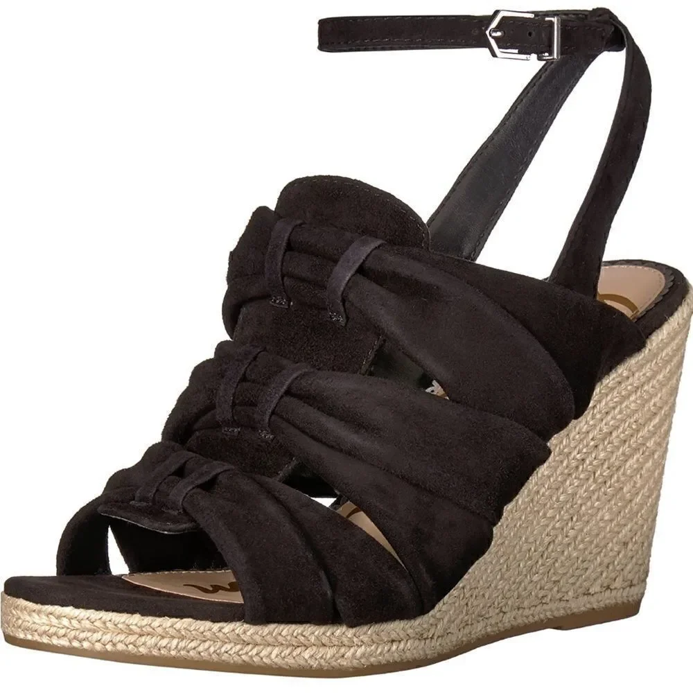 Sam Edelman Awan Black Suede Espadrille Wedge Slingback Sandals Size 9 EUC!